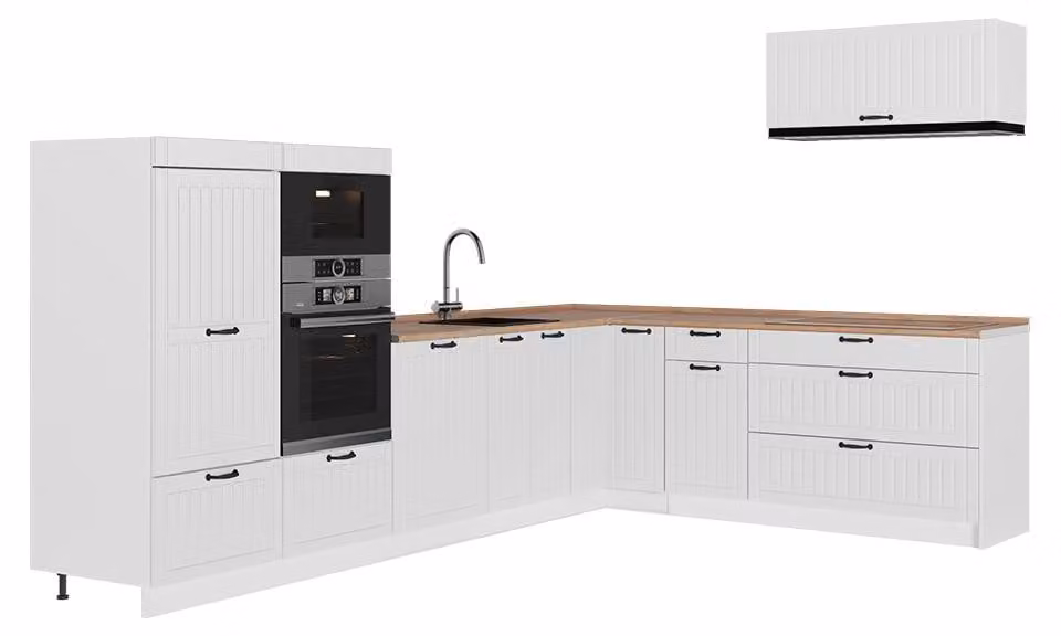 Cucina angolare completa Vicco Fame-Line Bianco rustico/Bianco 327 x 227 cm, PL Rovere, Model 64441