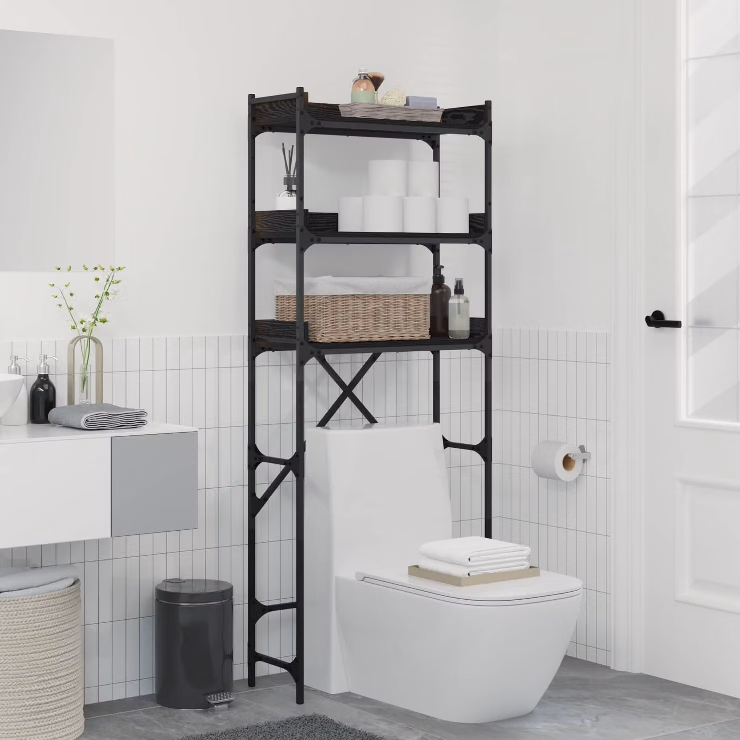 vidaXL Mensola per lavatrice moderna in legno e metallo, Nero, L 67 cm x P 25 cm x H 163 cm