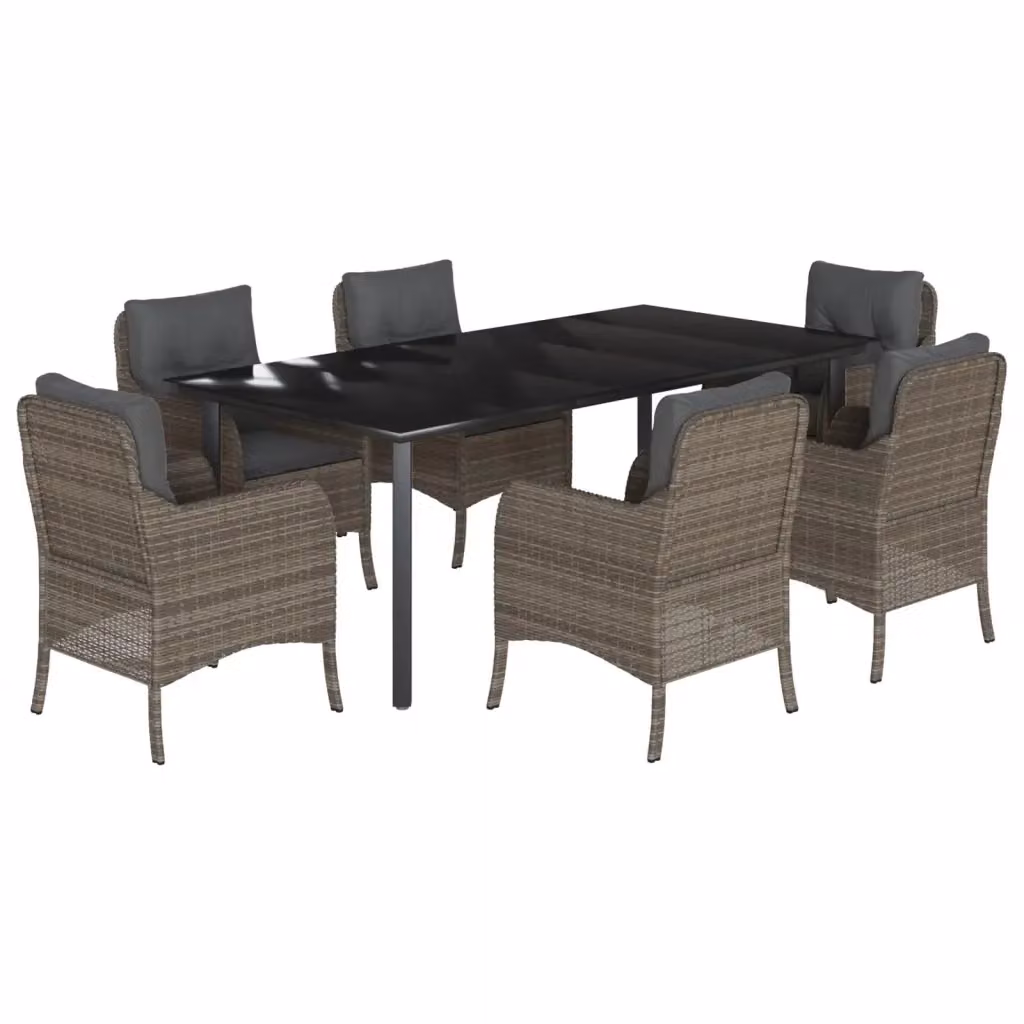 Set da Pranzo da Giardino vidaXL in Polyrattan e Vetro con 7 Pezzi e Cuscini, Grigio e Nero – 2