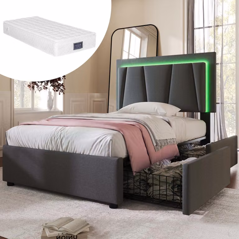 Letto imbottito con LED e 2 cassetti, testata regolabile in altezza,Letto singolo 90x200cm Letto contenitore Struttura letto, Garu Con materasso