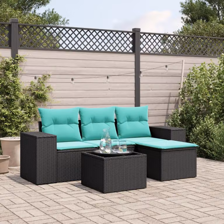 Set da giardino vidaXL in polyrattan nero composto da 5 pezzi con cuscini e tavolino
