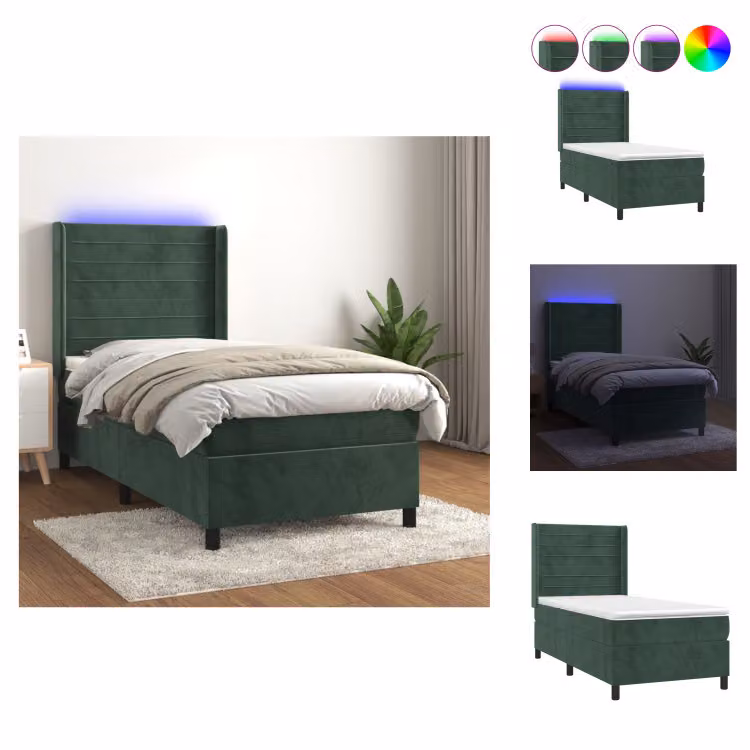 vidaXL Letto a molle con materasso e LED in velluto verde scuro 100x200 cm - Letti e strutture letto