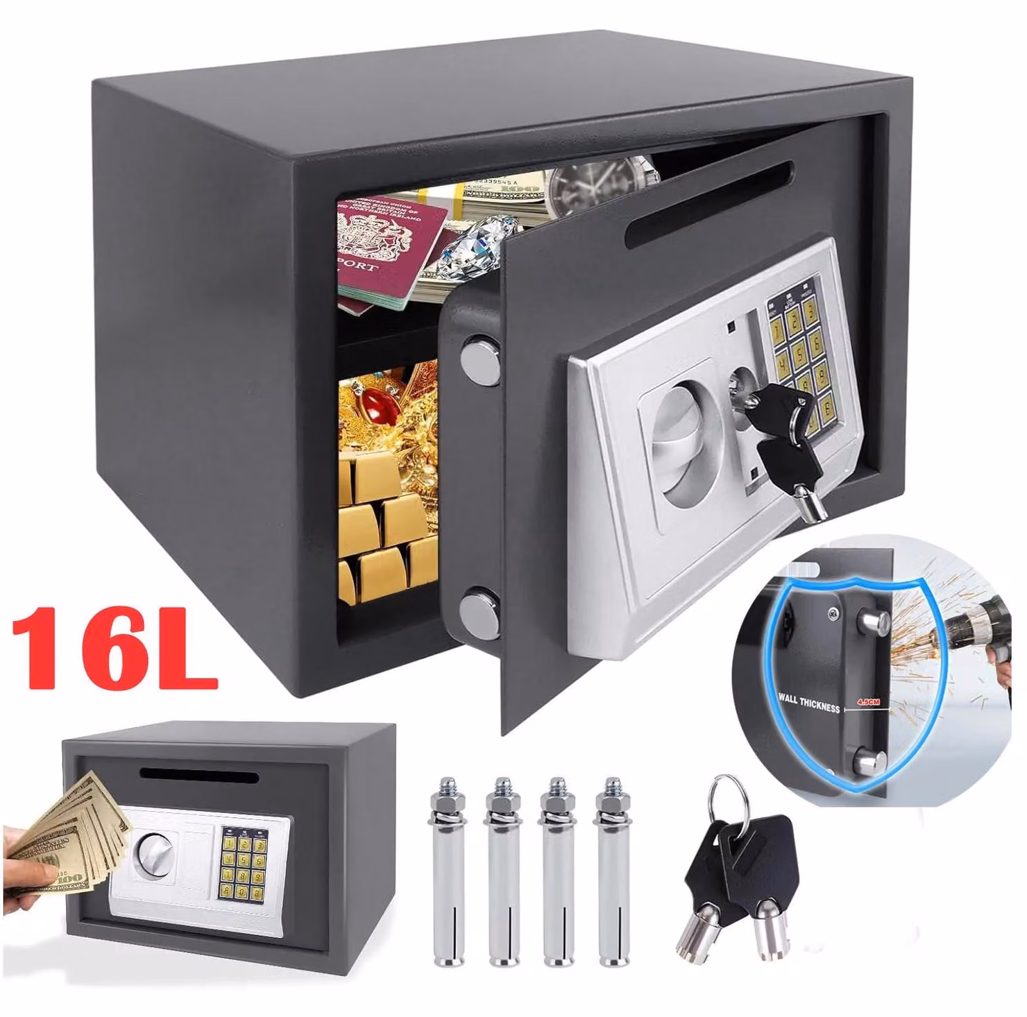 Cassaforte digitale - Cassaforte da 16 litri - Serratura elettronica con combinazione numerica - 2 chiavi di emergenza - 4 tasselli di fissaggio - Ideale per contanti e documenti, per uso domestico o in ufficio - Colore: grigio