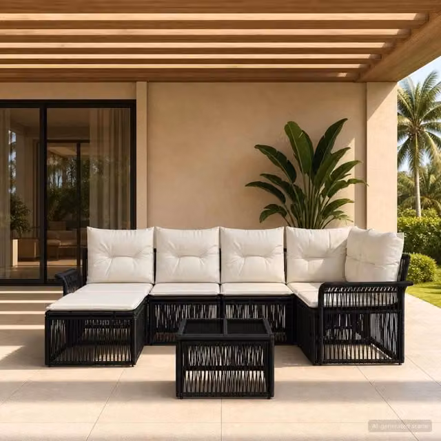 Set Divano da Giardino 7 Pezzi vidaXL Nero con Cuscini e Struttura in Metallo – 1
