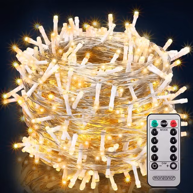 Catena di luci natalizie Monzana con 600 LED bianco caldo e cavo trasparente, lunghezza 60 m, con telecomando e timer, protezione IP44
