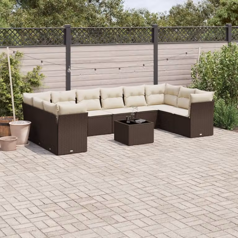 vidaXL Set Divani da Giardino 11 pz a Forma a U con Cuscini e Tavolino da Caffè Marrone e Bianco