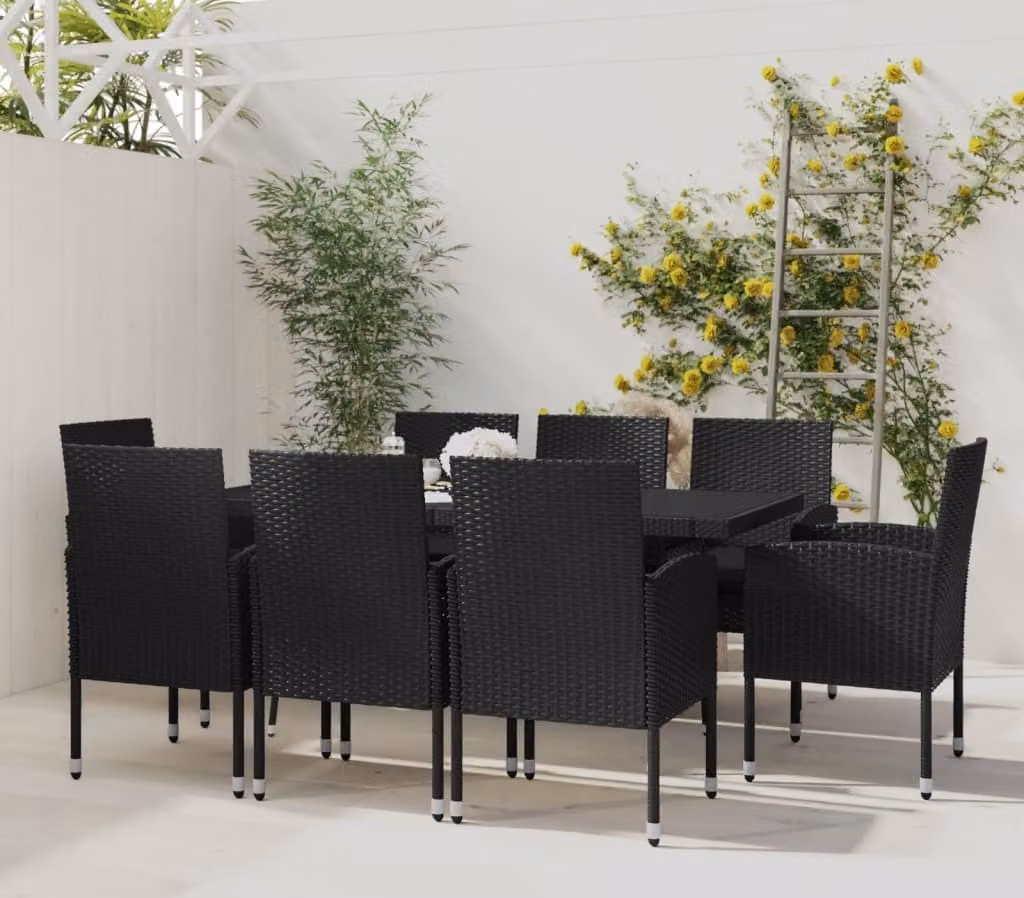The Living Store Set da pranzo da giardino 9 pezzi in poly rattan nero