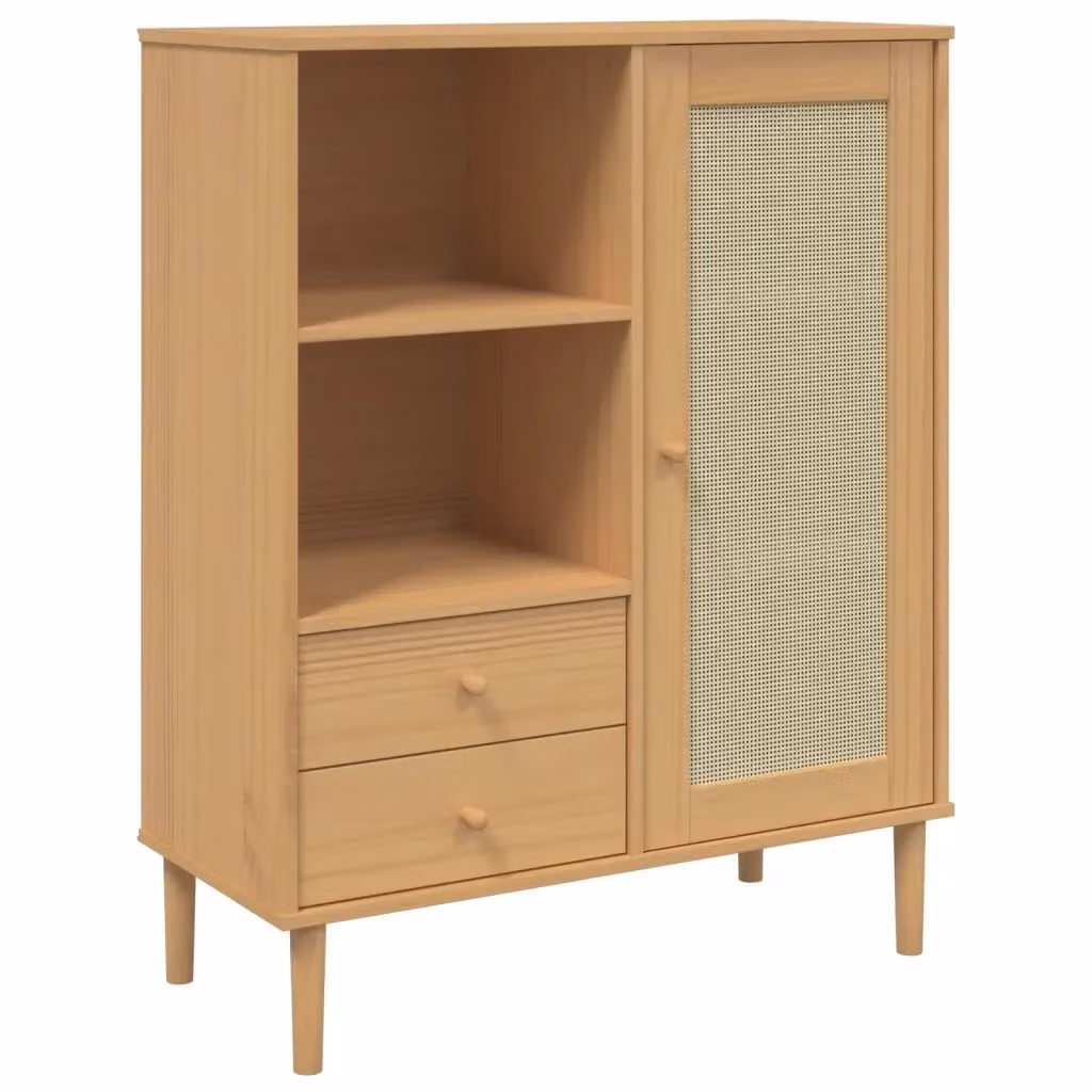Credenza Buffet Senja Design Mania in Pino Massello con Dettagli in Rattan Marrone e Beige L/P/H: 90 x 40 x 112 cm – 2