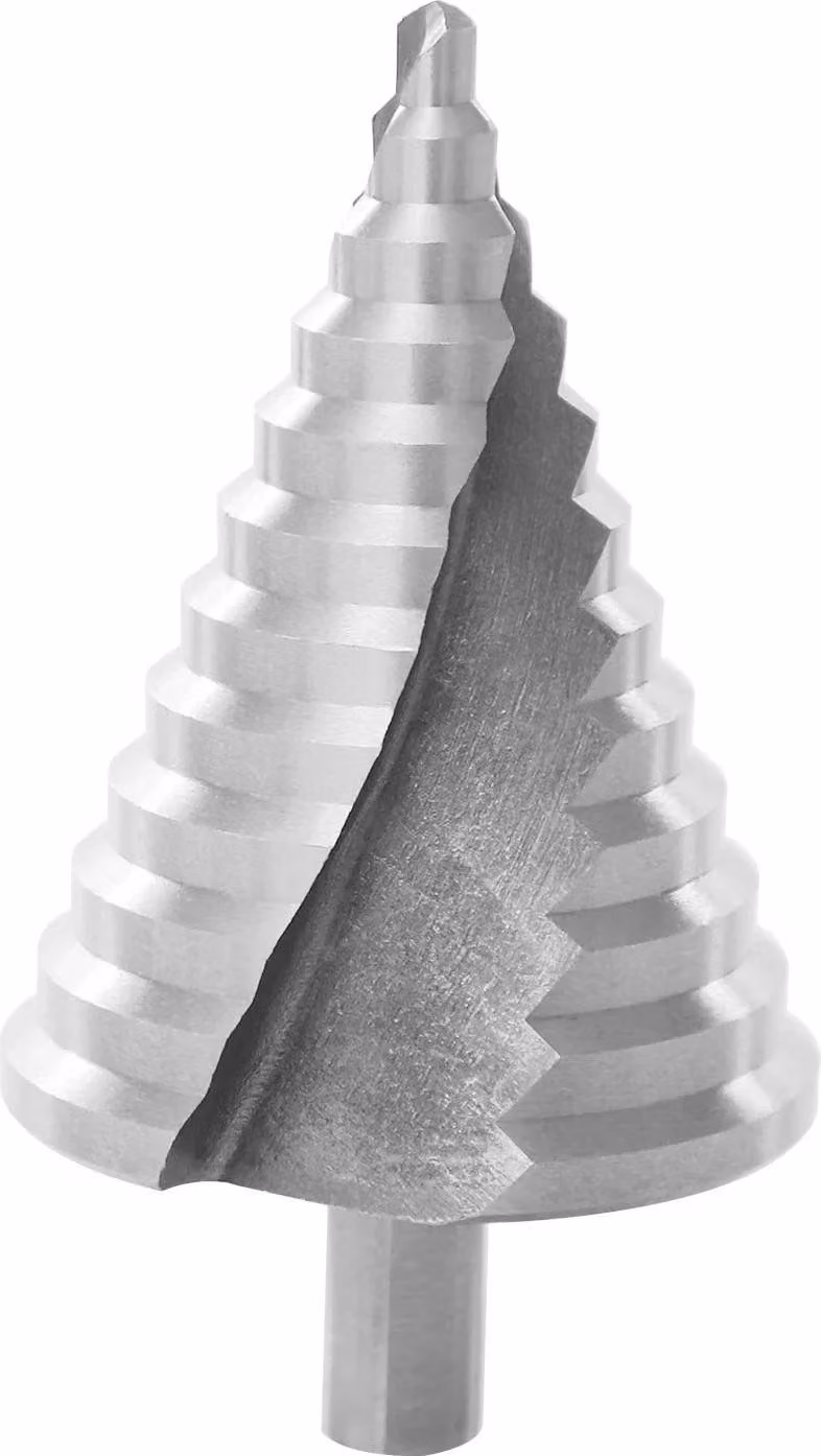 Punta a gradini per metallo - Punta conica/punta a pagoda - 12 gradini - Scanalatura a spirale - Diametro gambo Ø11,5 mm - Lunghezza totale 10,8 cm - Acciaio - Argento