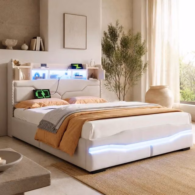Letto contenitore Mivray con sistema idraulico, illuminazione LED, prese USB e Type-C e testiera con vano, rivestito in lino beige, L 140 cm x P 200 cm