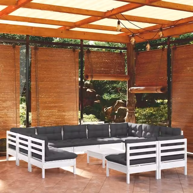 Set di divani da giardino a forma di U vidaXL in legno di pino con cuscini bianchi e antracite