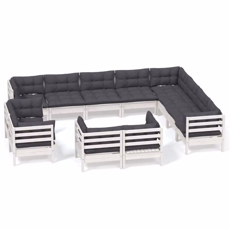 Set Divani da Giardino 12 pz con Cuscini Bianchi Legno di Pino