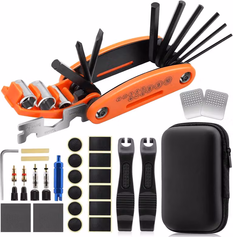 Kit di riparazione per bicicletta, multiasse 16-in-1, con sistema di riparazione pneumatici, compatto, adatto per mountain bike e bici da corsa