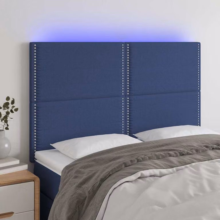 Testiera per letto vidaXL in tessuto blu con illuminazione LED integrata e porta di ricarica USB, L: 144 cm, P: 5 cm, H: 118-128 cm
