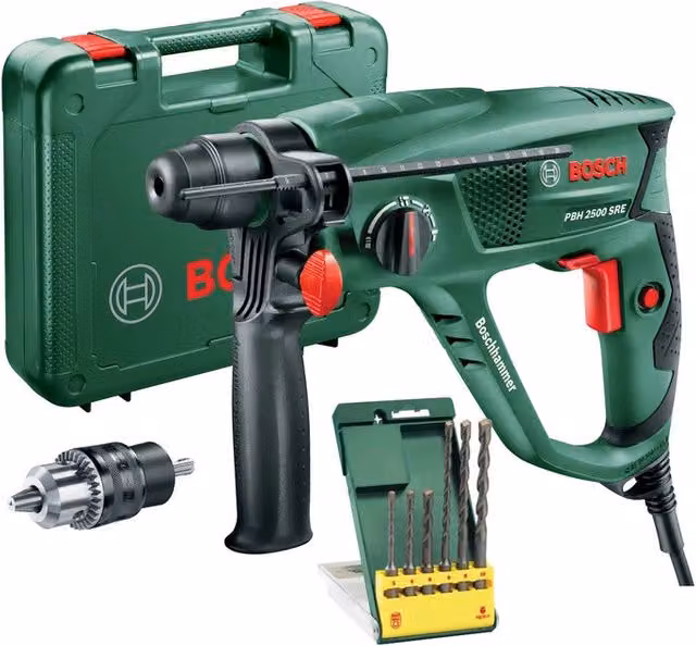Martello perforatore Bosch PBH 2500 SRE con set di 6 punte, potenza 600W, colore verde