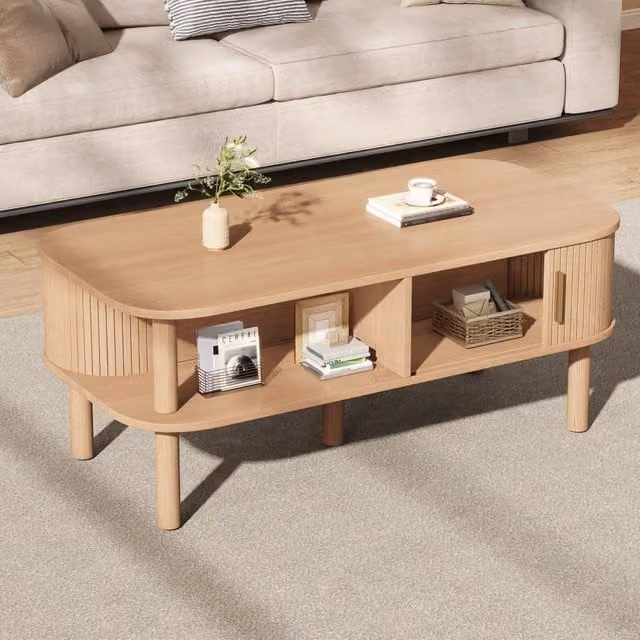 Tavolino basso Mivray in MDF naturale con anta scorrevole scanalata e vani aperti per soggiorno, L: 110 cm, P: 55 cm, H: 45 cm