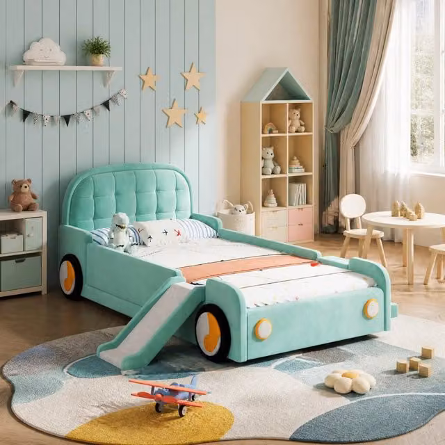 Letto a forma di auto ULEVR 90x200 cm con scivolo e scala reversibili, imbottito blu-verde