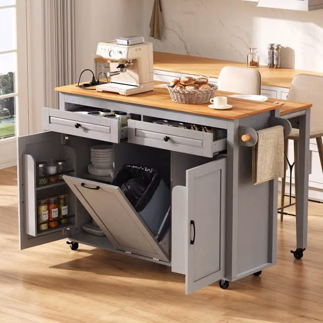 Isola da cucina 120x40-75x92 cm con piano estraibile; ruote piroettanti; MDF grigio