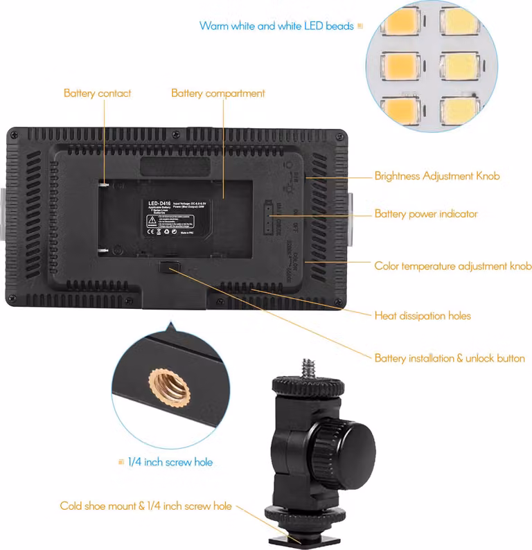 LED-416 Luce video a LED, pannello professionale per fotografia on-camera, 416 perle luminose, temperatura bicolore regolabile, 3200-5600 K, luminosità dimmerabile con foro a vite da 1/4 di pollice, attacco cold shoe, testa a sfera per studio all'aperto,