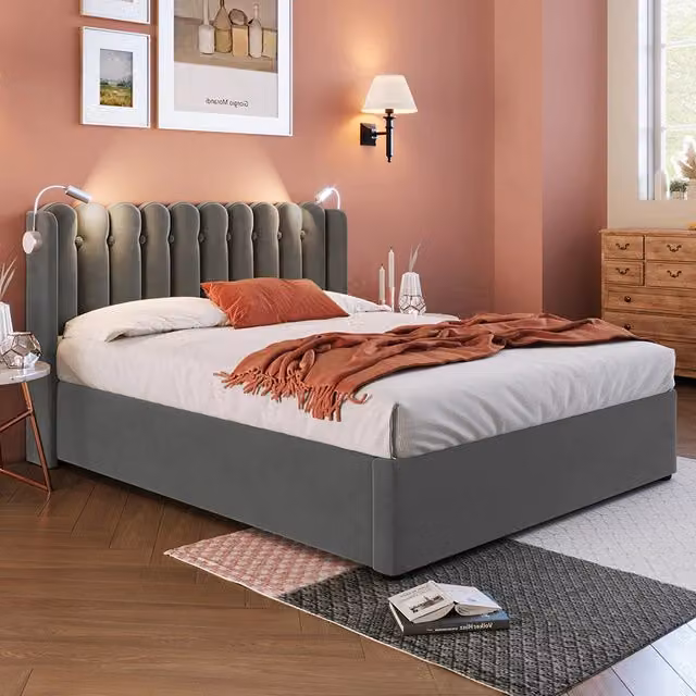 Letto a cassone imbottito - Xylo - 140x200 cm - Grigio - Con funzione di carico e due luci da lettura