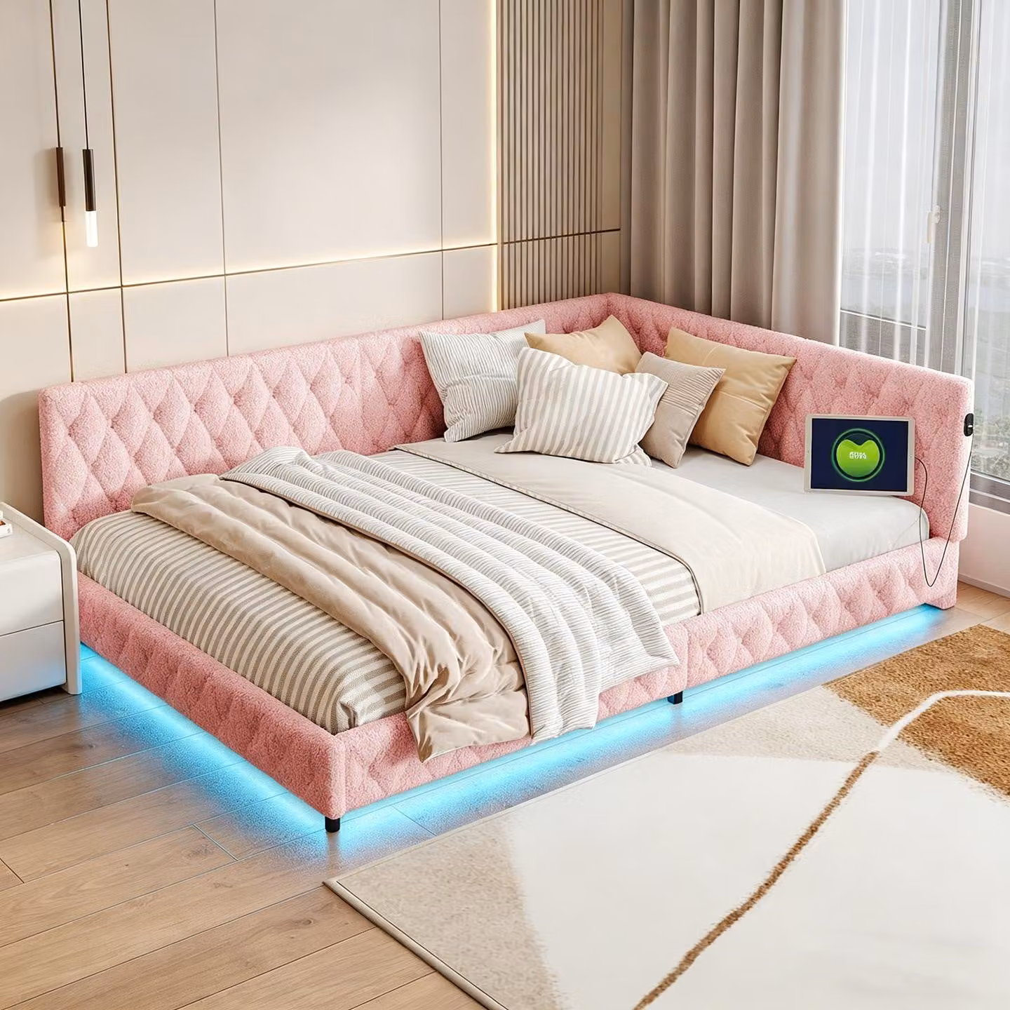 Letto imbottito INONEFT, 140x200 cm, con interfaccia LED e USB, divano letto multifunzione con rete a doghe, letto matrimoniale per ragazzi, rivestito in pile effetto peluche, colore rosa.