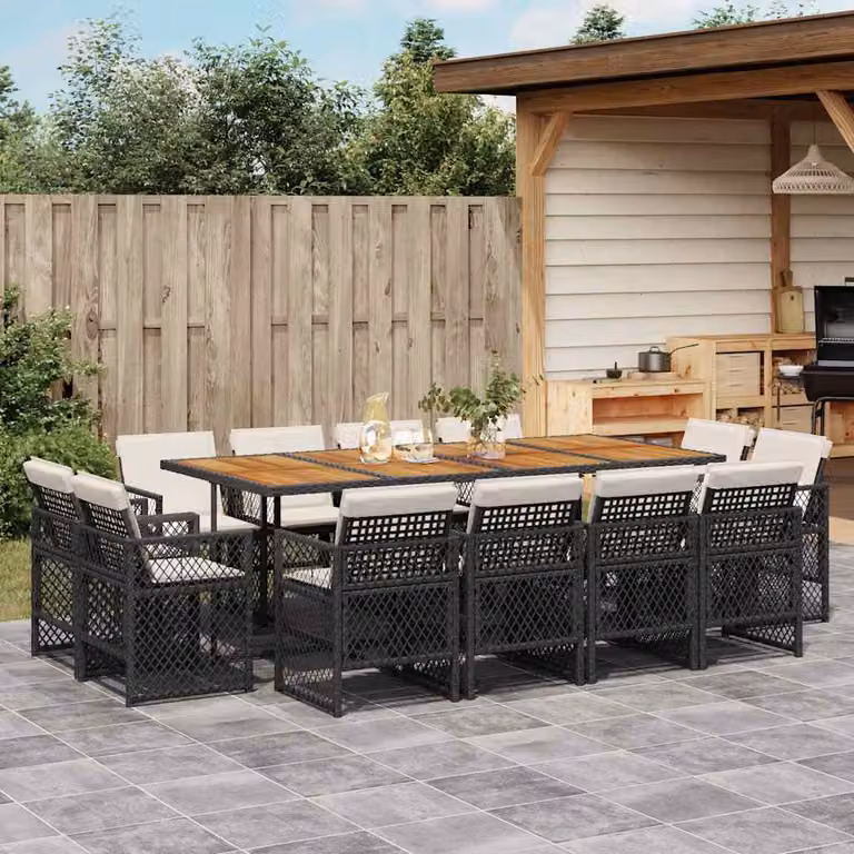 vidaXL Set da Pranzo da Giardino 13pz in Polyrattan e Legno di Acacia con Cuscini Nero, Marrone e Bianco