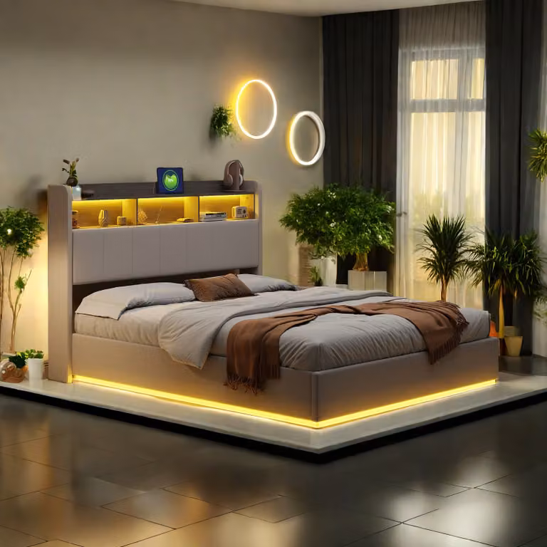 Letto imbottito UnboxG 160x200cm con prese USB e di corrente, letto per ragazzi letto matrimoniale con rete a doghe e vano contenitore, letto contenitore con LED