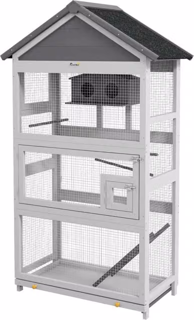 Voliera per uccellini GIORDANOSHOP con 3 porte, casetta e vassoio, in legno di abete e metallo, grigia e nera, L: 92 cm, P: 52 cm, H: 171 cm – 1