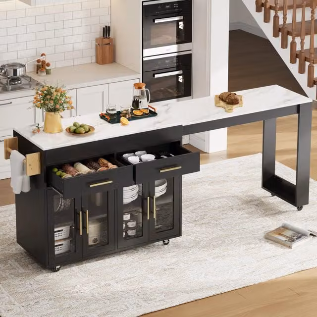 Isola da cucina, credenza, bancone estraibile, con rotelle, 2 cassetti, ante in vetro, aspetto marmoreo, nero e bianco