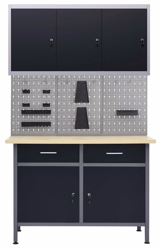 Banco da lavoro con parete portattrezzi e armadietto - 120 x 60 x 85 cm - Capacità di carico: 500 kg - Acciaio legato - Nero - Mobile contenitore