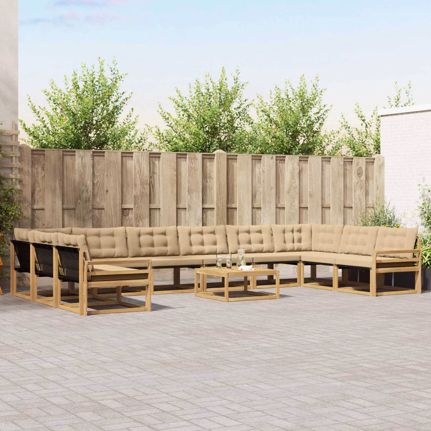 Set di divani da esterno vidaXL a forma di U composto da 11 pezzi in legno di acacia con sedute in textilene, colore bianco e beige