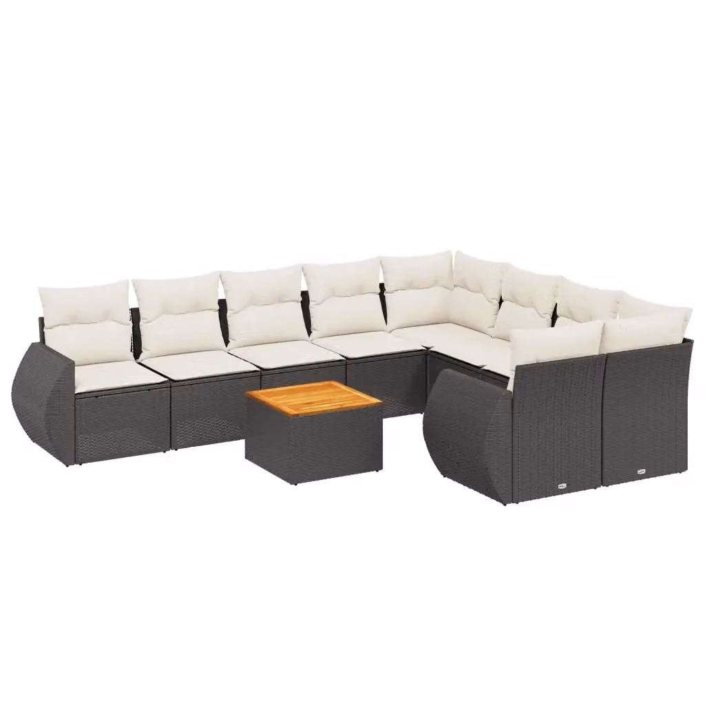 Set di divani da giardino vidaXL a forma di U composto da 10 pezzi con cuscini in polyrattan nero e tavolo da caffè in legno di acacia – 2