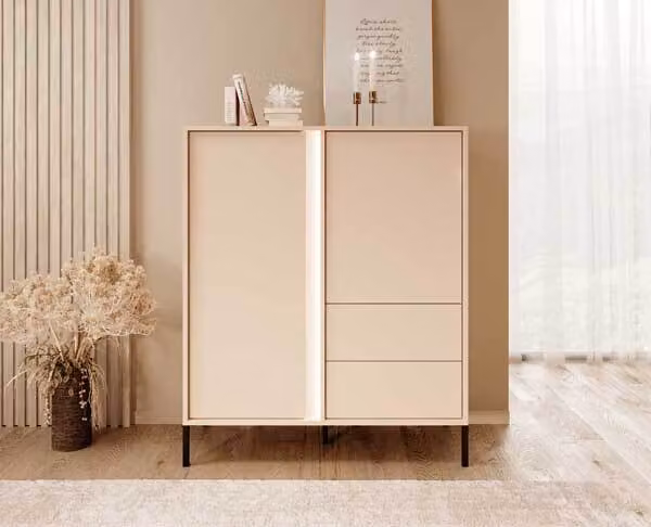 Cassettiera Highborad Dast 103x39,5x123cm beige a 2 ante con illuminazione LED