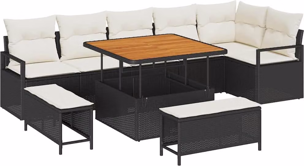 Set Divano da Giardino con cuscino 9 pcs Nero Poly Rattan