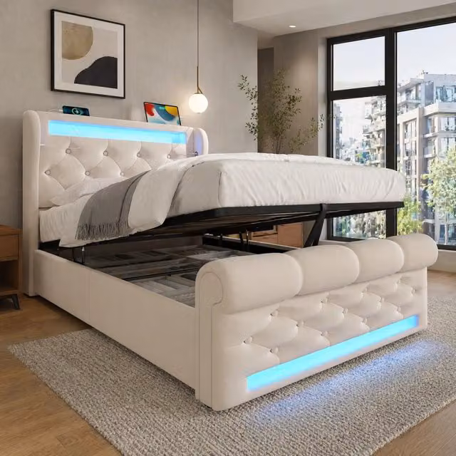 Letto contenitore Mivray con materasso ibrido, testiera in velluto beige, illuminazione LED e porte USB e Type-C, L/P: 90 x 200 cm – 1