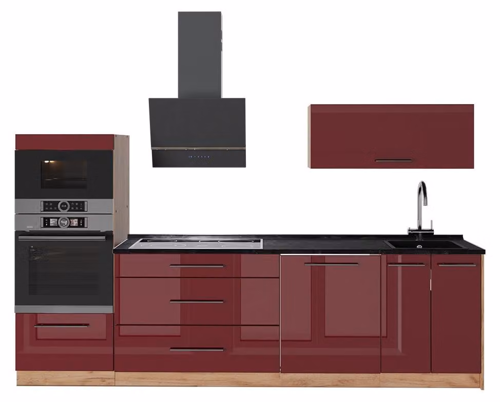 Cucina componibile Vicco Fame-Line Bordeaux lucido/Rovere dorato 280 cm, PL Antracite, Model 64695