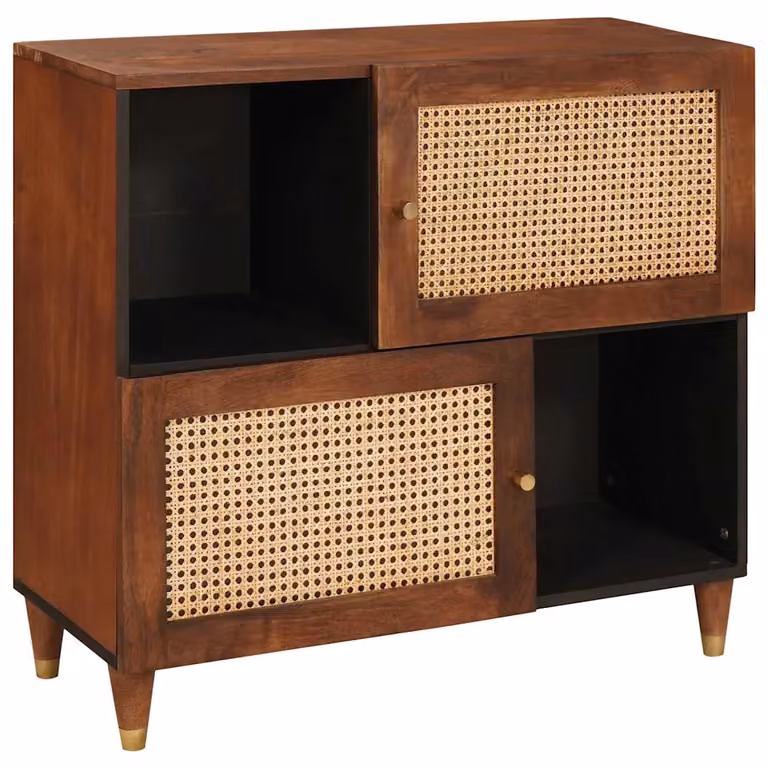 Credenza moderna vidaXL in legno di mango massello e rattan, colore marrone, L 80 x P 33,5 x H 75 cm