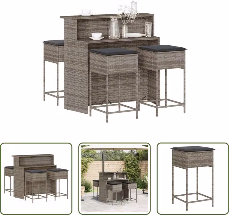 The Living Store Set bar da giardino 5 pezzi con cuscini in poly rattan grigio