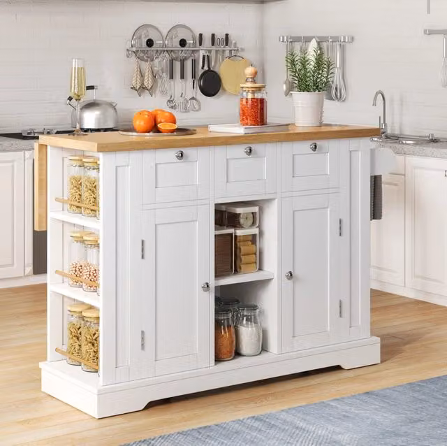 Isola cucina mobile con piano pieghevole e presa USB, 132 cm