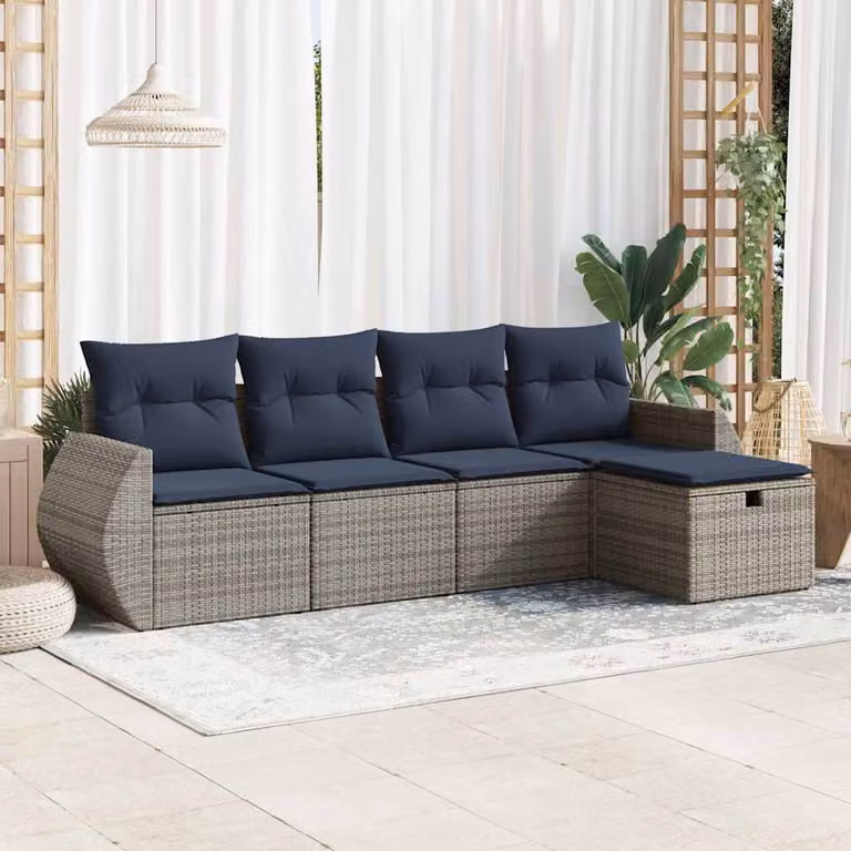 Set Divano da Giardino vidaXL 5 pz a Forma a L con Cuscini, Polyrattan e Metallo, Grigio e Blu