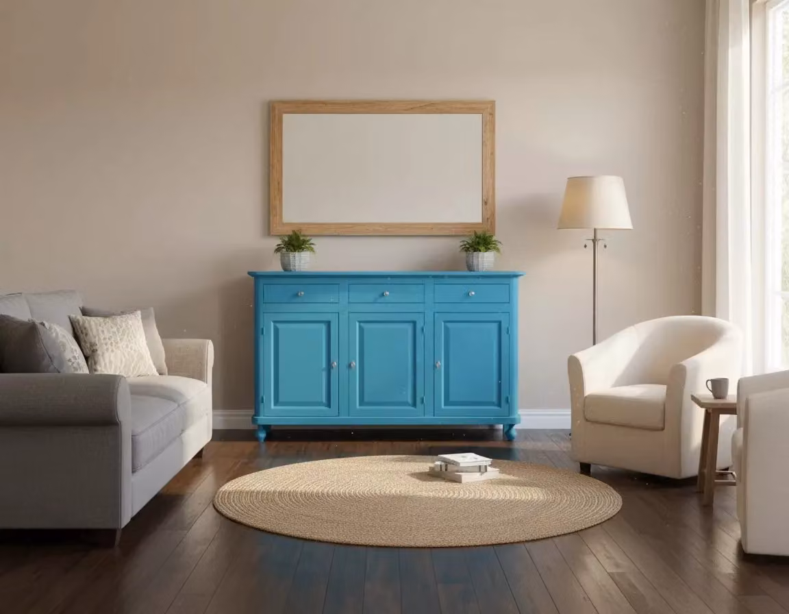 Madia credenza shabby chic in legno con 3 ante Mobili 2G colore azzurro e bronzo L: 158 cm, P: 45 cm, H: 98 cm – 1
