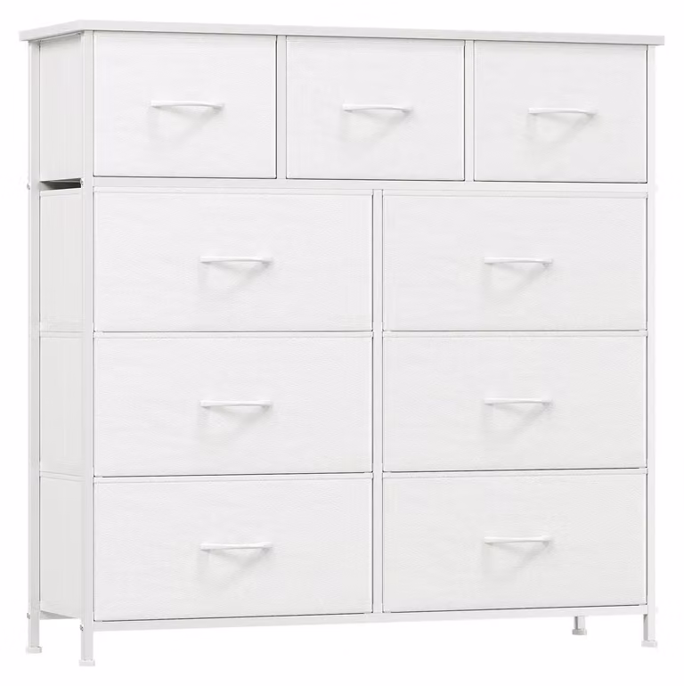 Comodino in tessuto con 9 cassetti, dimensioni 100x99x30 cm, colore bianco