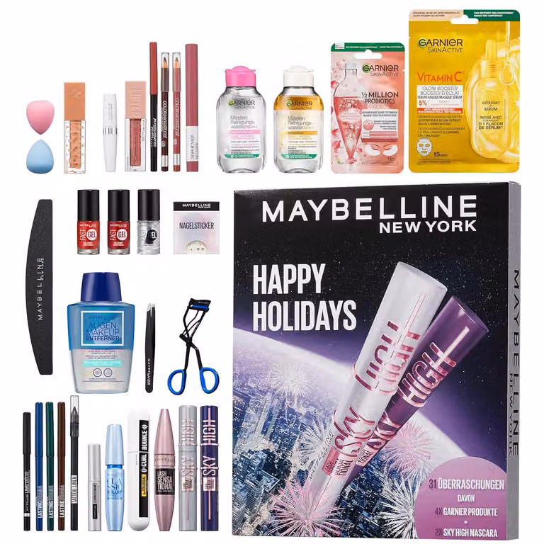 Calendario dell'Avvento Maybelline New York 2025 con 31 porte, 26 prodotti originali e 5 chicche, tra cui 2 Sky High Mascara e 4 Garnier Skincare Highlights