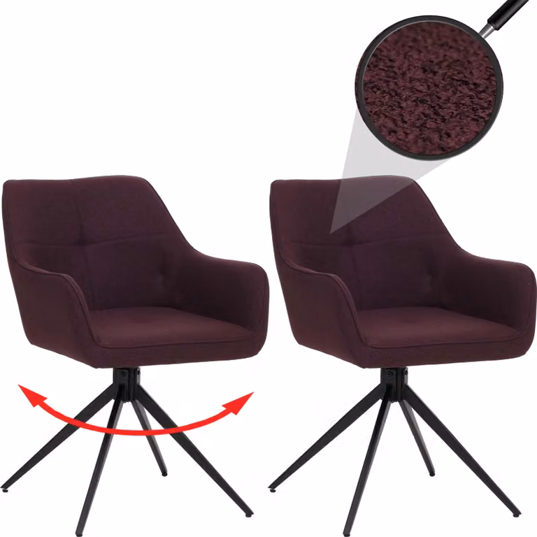 set di 2 sedie per sala da pranzo HWC-O47, bracciolo per sedia da cucina, girevole a ritorno automatico, tessuto/tessuto (270g/m²) ~ bordeaux