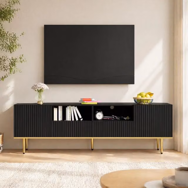 Mobile TV Mivray moderno con 2 vani e 2 cassetti senza maniglie, finitura nero e oro, L/P/H: 165 x 36 x 55 cm