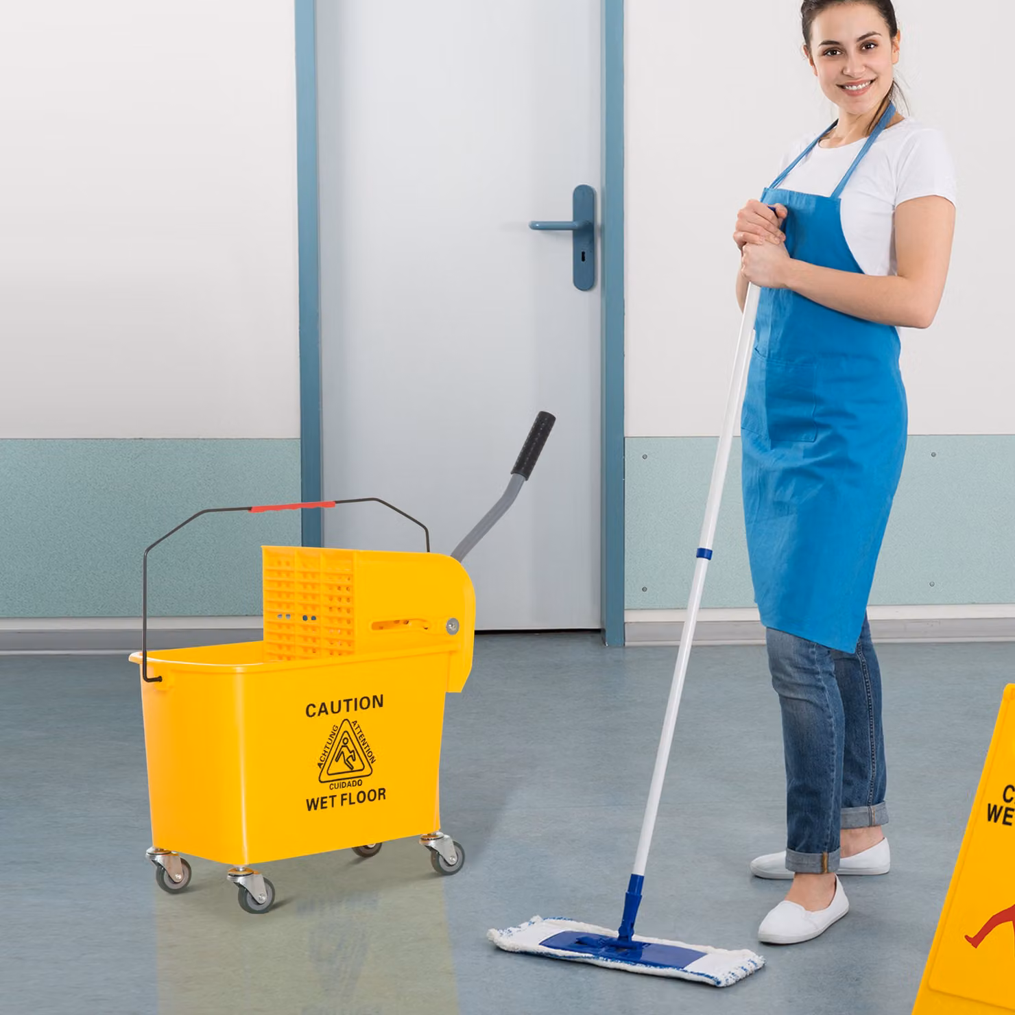 Carrello con secchio, separatore d'acqua e strizzatore rimovibile HOMCOM, Giallo, L: 63 cm, P: 27 cm, H: 67 cm – 2