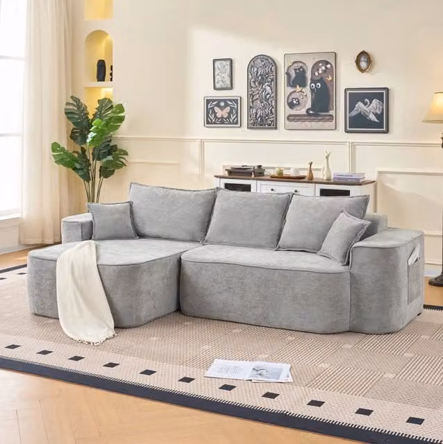 Divano angolare L 262x144x65 cm in chenille grigio, con chaise longue, per soggiorni –