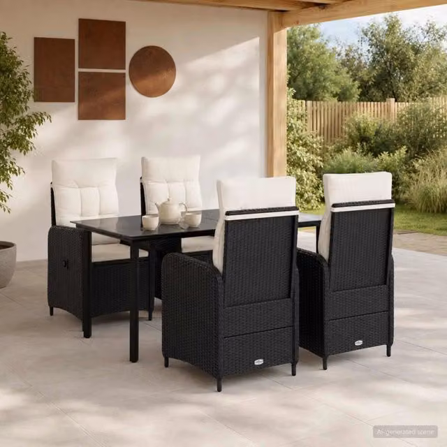 Set da Pranzo per Giardino 5 pz Nero e Bianco Crema polyrattan 3422486