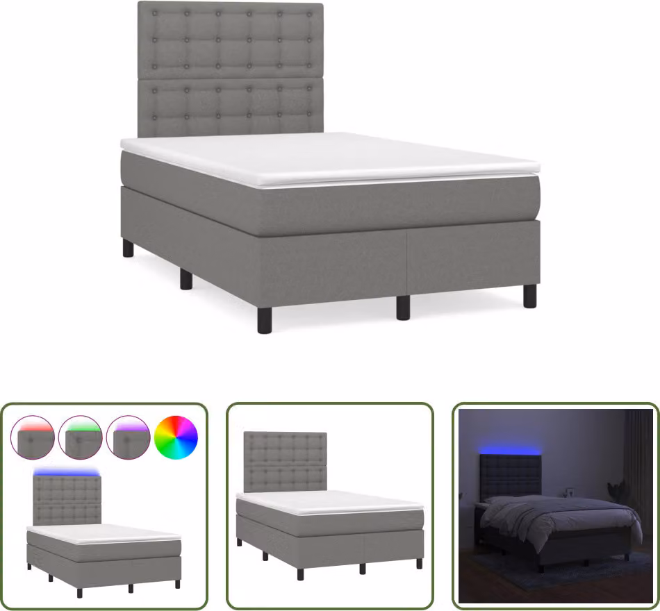 The Living Store Letto a molle con materasso e LED in tessuto grigio scuro 120x190 cm