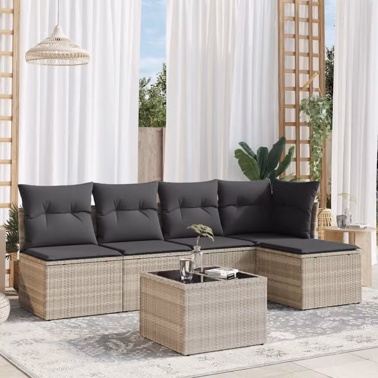 Set Divano da Giardino vidaXL 6 Pezzi a Forma di L in Polyrattan Grigio con Cuscini e Tavolino